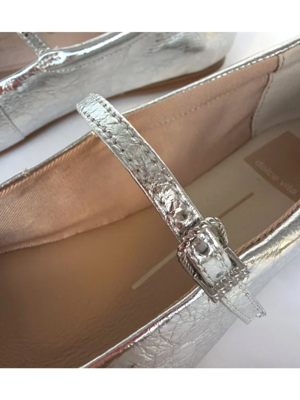 Dolce Vita Reyes Silver Distressed Leather Mary Jane Square-Toe Flats Size 8.5